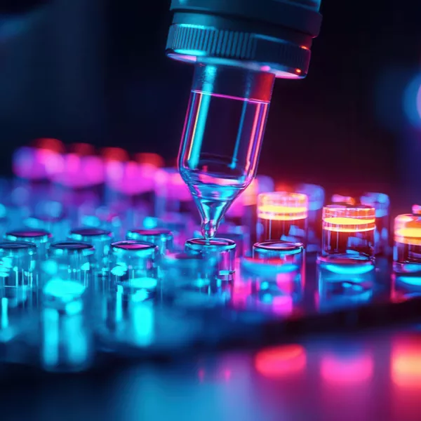 A close-up view of a pipette dispensing liquid into clear vials on a lab tray, illuminated by colorful blue and orange lights.