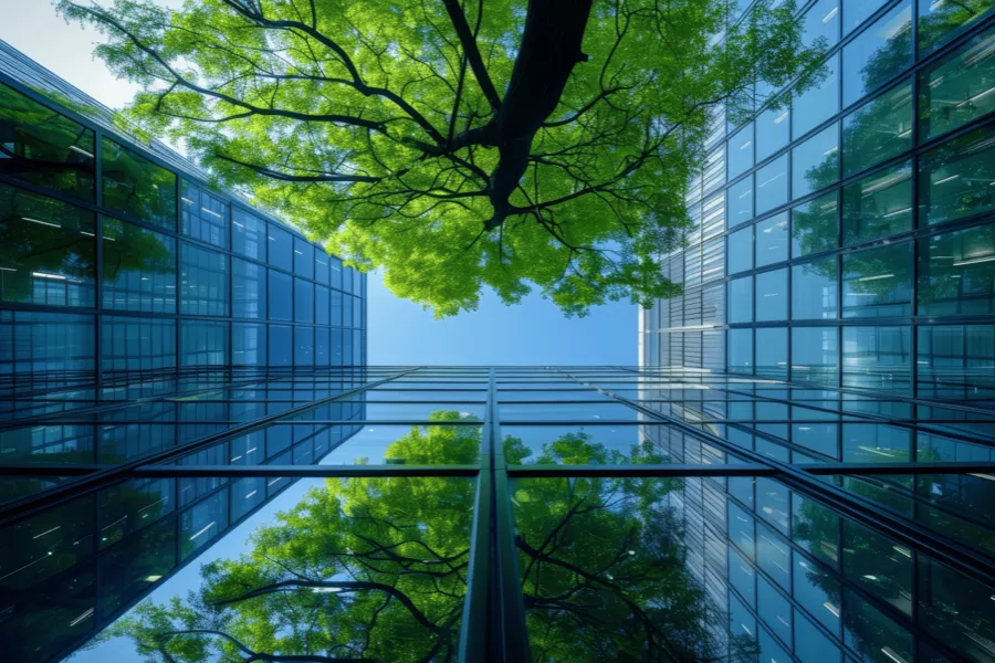 View looking up between two glass buildings reflecting a leafy green tree and the blue sky above.