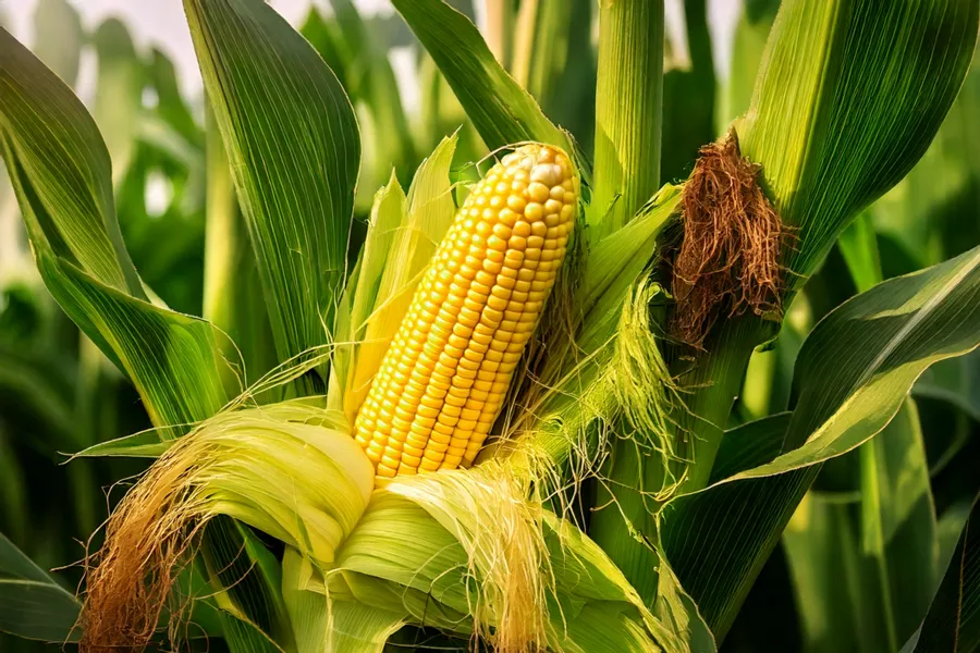 A close-up of an ear of yellow corn partially husked, still attached to its green stalk in a field.