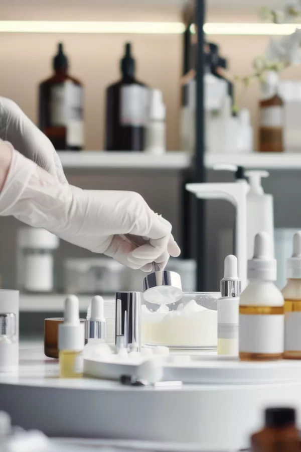 A gloved hand mixes a white cream in a glass bowl on a lab table surrounded by cosmetic bottles and droppers, with blurred shelves in the background.