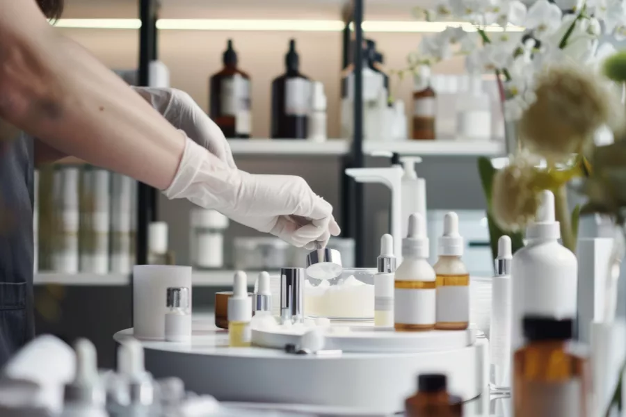 A person wearing gloves prepares skincare products using droppers and small containers on a lab table with various bottles in the background.