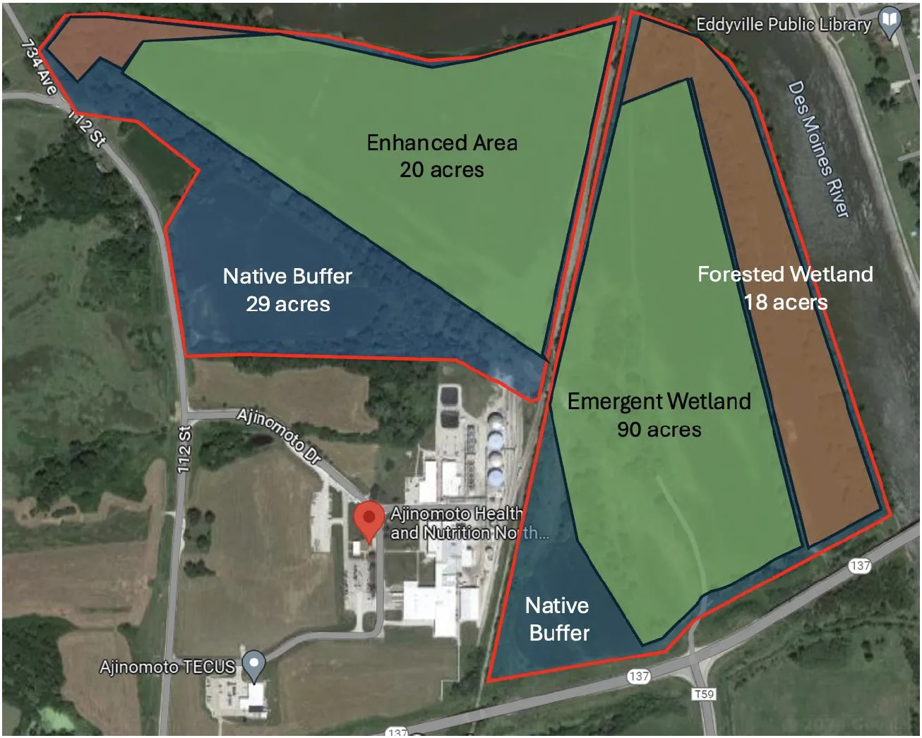 A map of the wetlands around Ajinomoto plant in Eddyville, Iowa