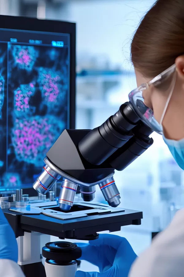A scientist wearing safety gear uses a microscope in a laboratory, with microscopic images displayed on a computer screen in the background.
