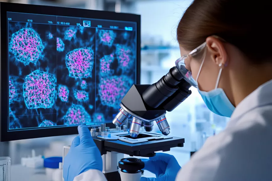 A scientist wearing safety goggles and a mask examines samples under a microscope, with cell images displayed on a monitor in a laboratory setting.
