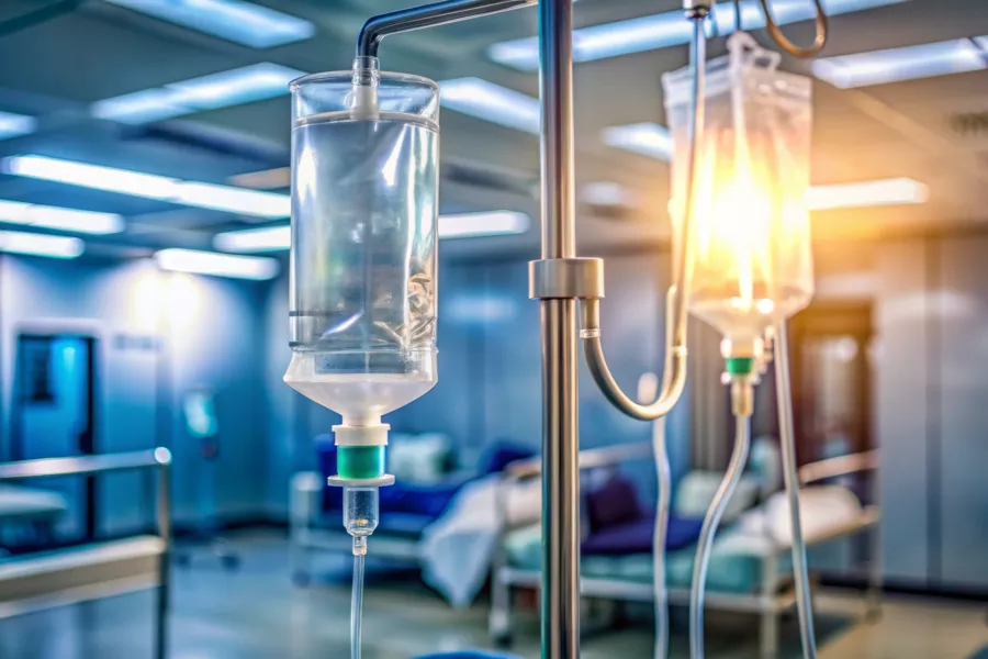 Close-up of IV fluid bags hanging on stands in a brightly lit hospital room, with hospital beds and medical equipment in the blurred background.