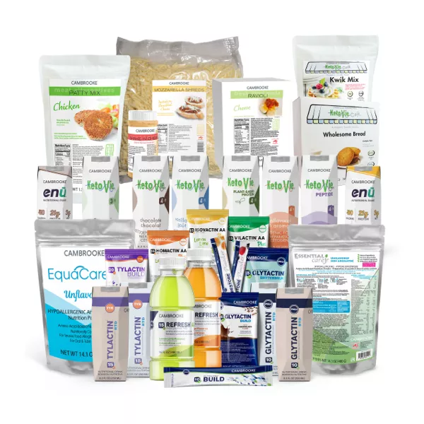 Assorted packages and bottles of medical nutrition products, supplement powders, drinks, and medical foods from various brands displayed together.