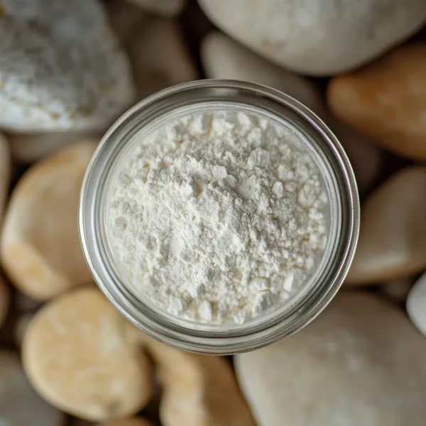 A glass jar filled with fine white powder, placed on a surface covered with smooth, light-colored stones.