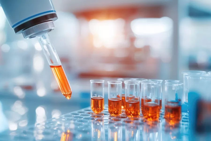 A pipette dispenses orange liquid into one of several test tubes arranged in a laboratory setting.