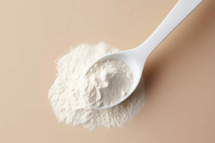 A white spoon filled with white powder rests on a pile of the same powder against a beige background.