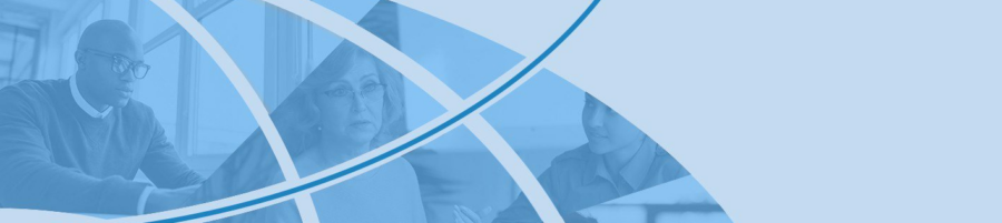 Three people engage in conversation, overlaid with intersecting curved lines, on a blue background with ample empty space on the right.