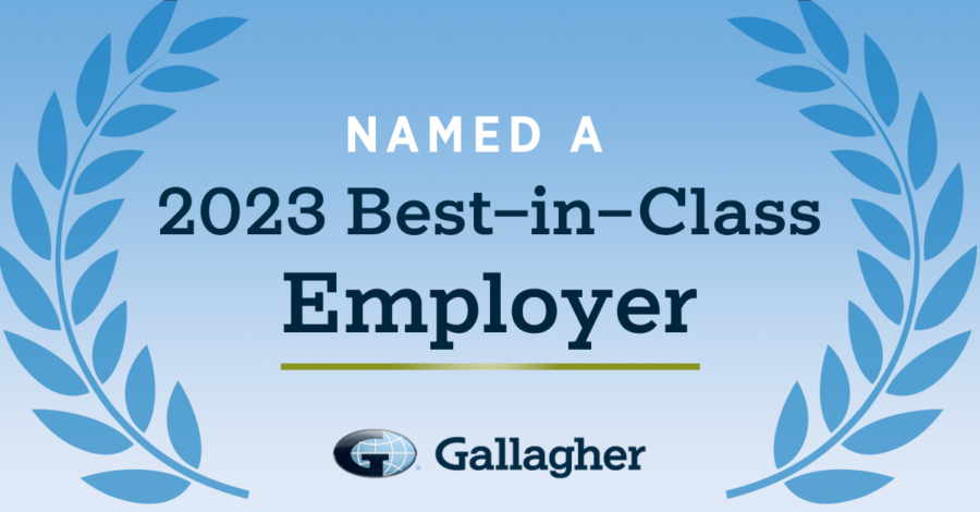 Graphic with blue laurel leaves stating "Named a 2023 Best-in-Class Employer" with the Gallagher logo at the bottom.