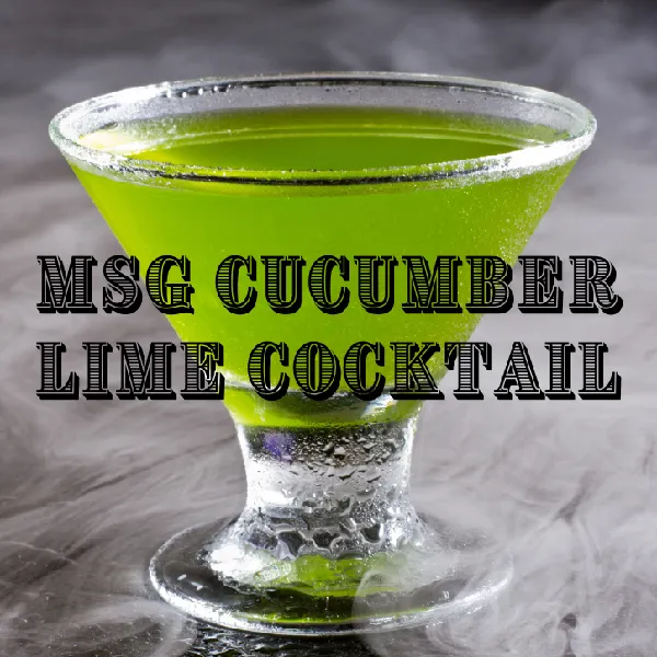 A martini glass filled with a bright green cocktail labeled "MSG Cucumber Lime Cocktail" in bold text.