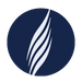 A navy blue circle with five white, curved lines resembling abstract leaves or flames in the center.