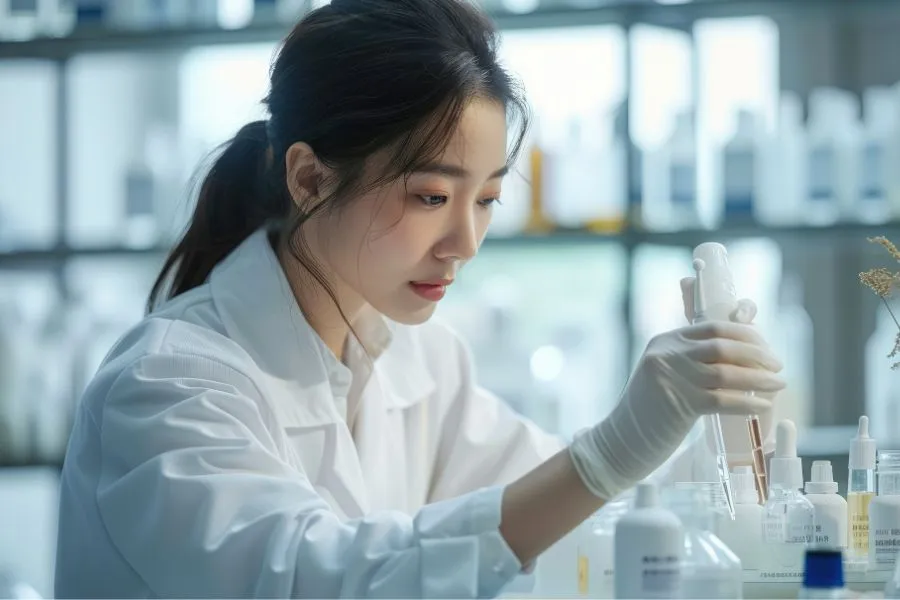 A scientist in a lab coat uses a pipette to transfer liquid into a container, surrounded by various laboratory bottles and equipment.