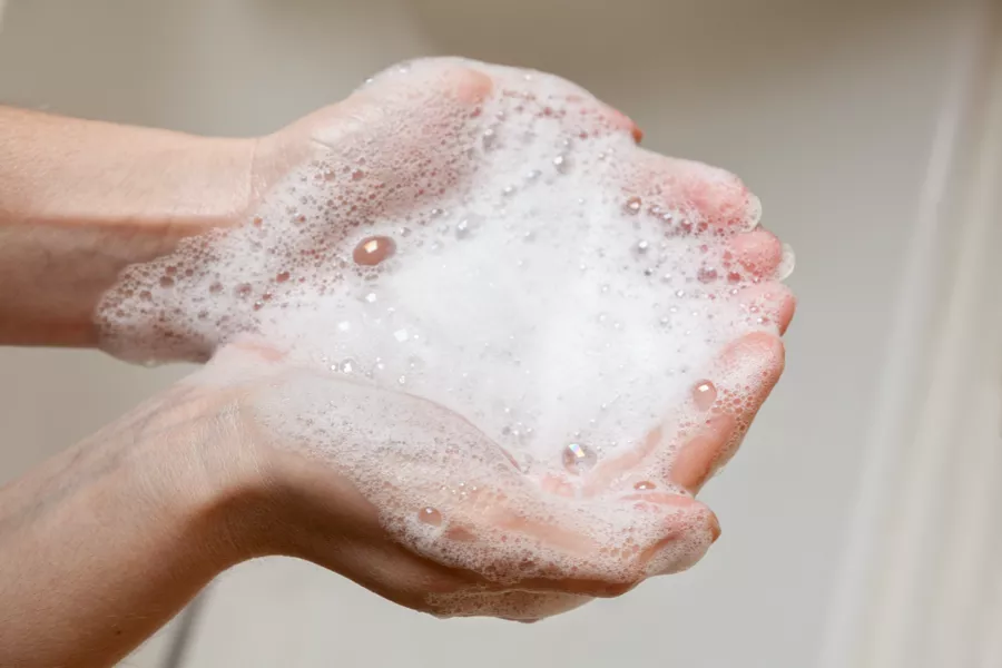 Two hands are cupped together holding a large amount of soapy foam, indicating handwashing with soap and water.