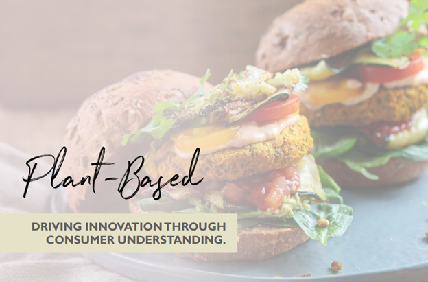 Two plant-based burgers with lettuce, tomato, and sauce on a blue plate. Text reads: "Plant-Based. Driving innovation through consumer understanding.
