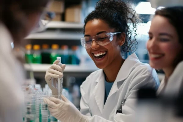 A group of scientists in lab coats and safety glasses work together in a laboratory, smiling and handling test tubes.