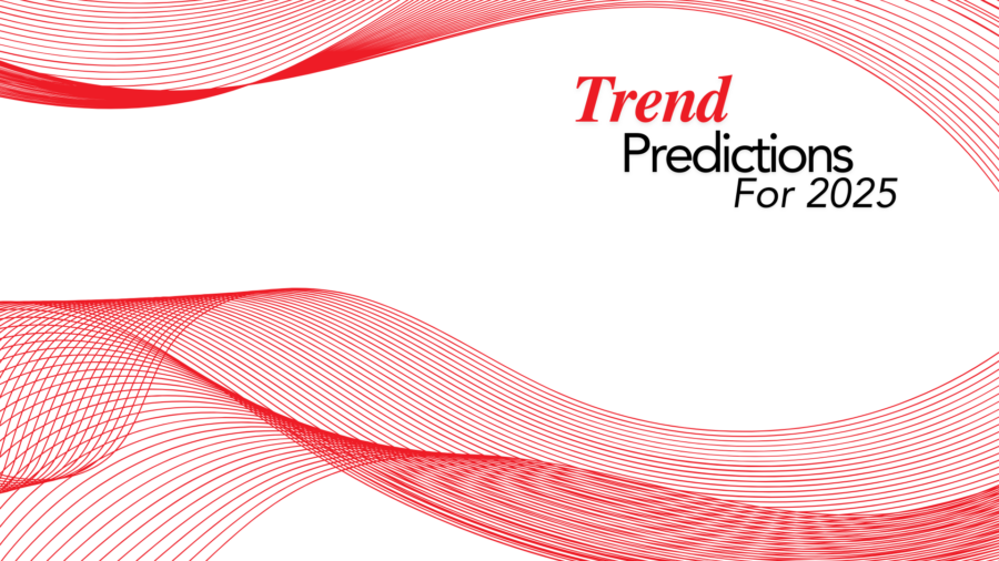 Red abstract wave lines on a white background with the text “Trend Predictions For 2025” in black and red.
