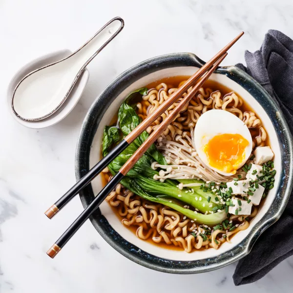 A bowl of ramen noodles with bok choy, enoki mushrooms, tofu, half a soft-boiled egg, and chopped chives, served with chopsticks and a ceramic spoon on a marble surface.