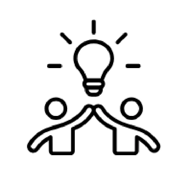Two stick-figure people high-fiving under a glowing light bulb, representing collaboration and idea sharing.
