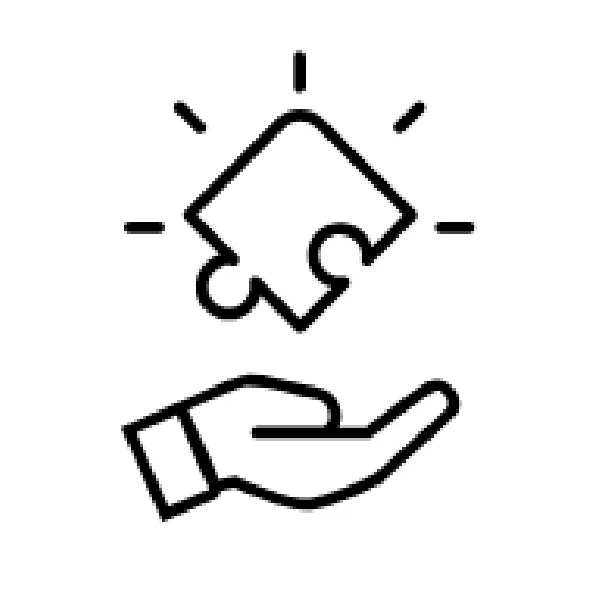 Outline of an open hand beneath a puzzle piece with rays around it, suggesting offering or presenting a solution or idea.