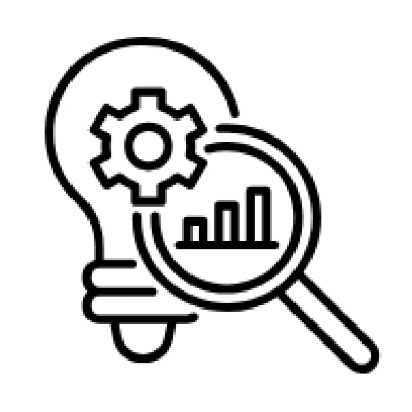 Outline of a lightbulb with a gear icon and magnifying glass containing a bar graph, representing analysis, innovation, or technical problem-solving.