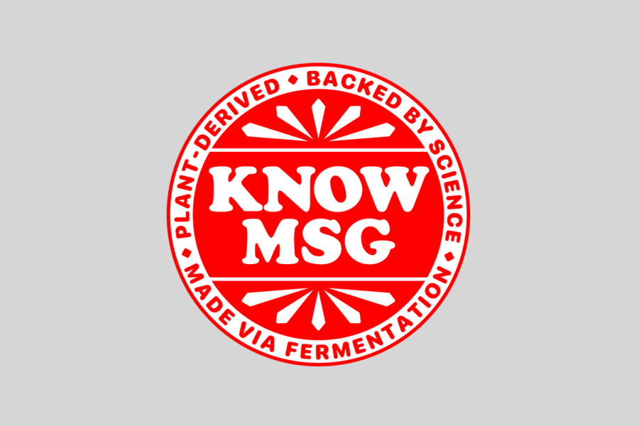 A red circular badge with the text "KNOW MSG" in the center and "Plant-Derived," "Backed by Science," and "Made via Fermentation" around the edges.