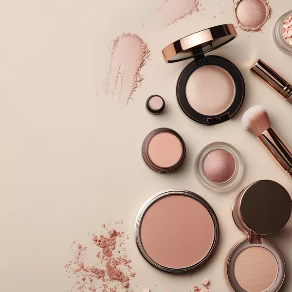 Assorted makeup products, including powder compacts, blush, eyeshadow pots, a makeup brush, and loose powder, arranged neatly on a beige background.