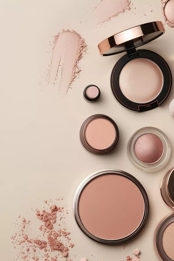 Various makeup products, including pressed powder, blush, and eyeshadow, arranged on a neutral surface with some powder scattered around.
