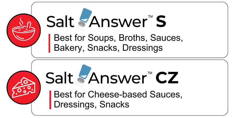 Two labeled product icons: "Salt Answer S" for soups, broths, sauces, bakery, snacks, dressings; "Salt Answer CZ" for cheese-based sauces, dressings, snacks.