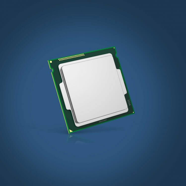 A computer processor chip with a green circuit board and metallic center is displayed against a blue gradient background.