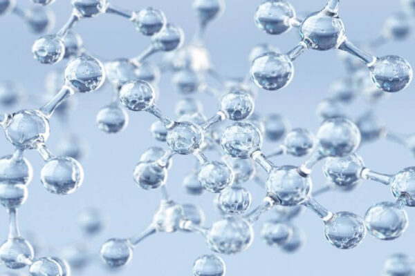 A close-up illustration of transparent molecules connected by bonds, representing a molecular structure on a light blue background.