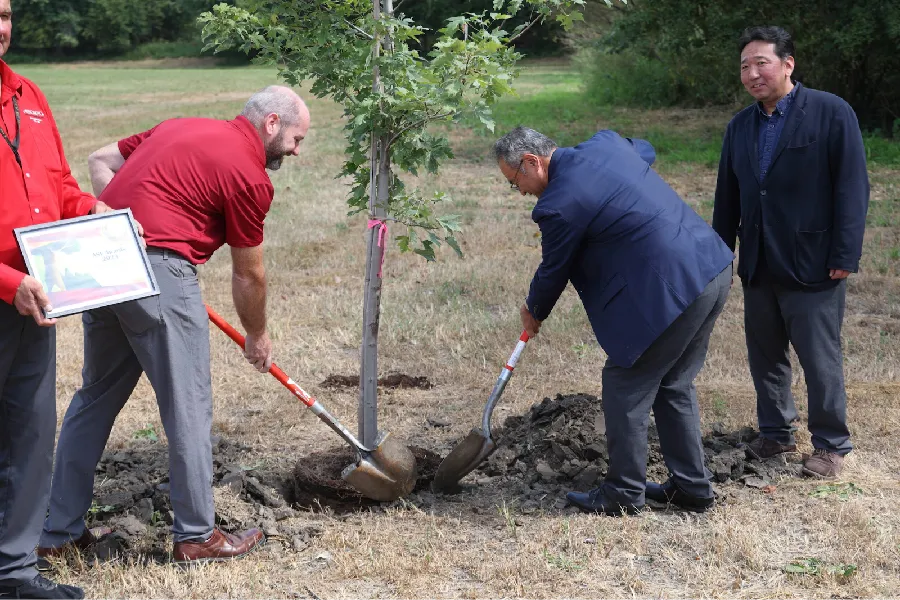 Two men use shovels to plant a young tree while another man stands nearby on a grassy field. A fourth person holds a framed document on the left.
