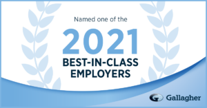 A graphic states Gallagher was named one of the 2021 Best-in-Class Employers, with laurel leaves in the background and the Gallagher logo at the bottom right.