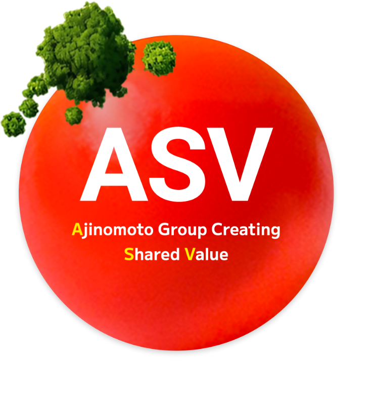 A large red sphere with green moss on top displays "ASV" and "Ajinomoto Group Creating Shared Value" in white and yellow text.