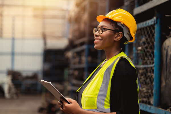 A woman wearing a yellow hard hat and reflective vest holds a clipboard and smiles while standing in a warehouse or industrial setting.