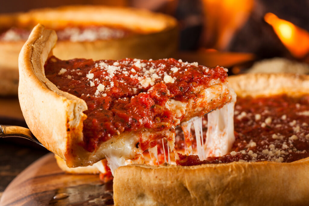 Chicago Style Deep Dish Cheese Pizza with Tomato Sauce