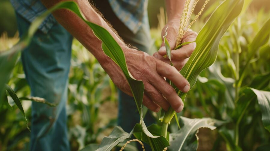 Close-up of a person's hands inspecting green corn plants in a field, with sunlight illuminating the leaves and stems.