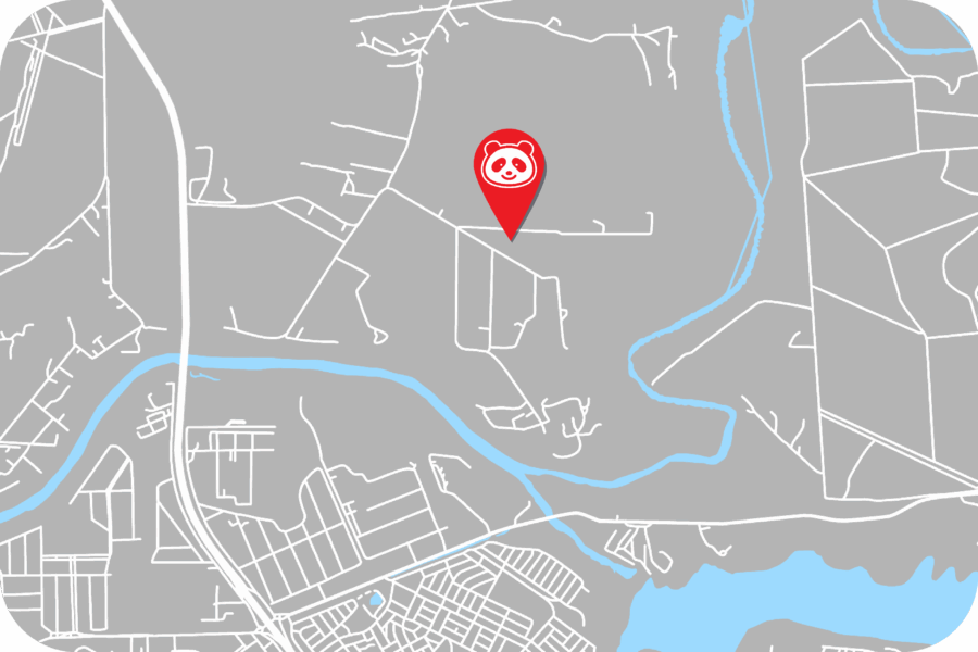 A gray map with white roads and blue rivers, showing a red marker with a panda icon near the top center.