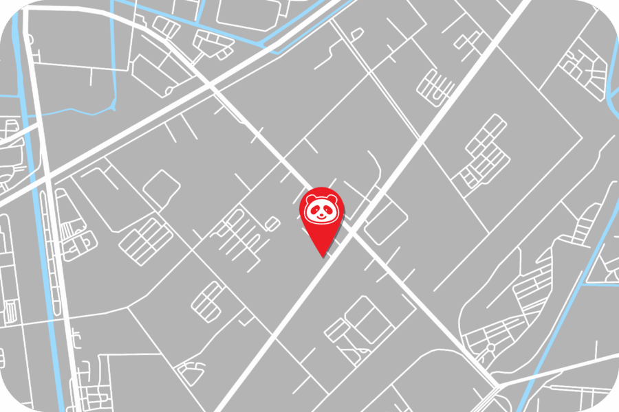 A stylized city map in grey and white features a red location pin with a panda face icon at the center.