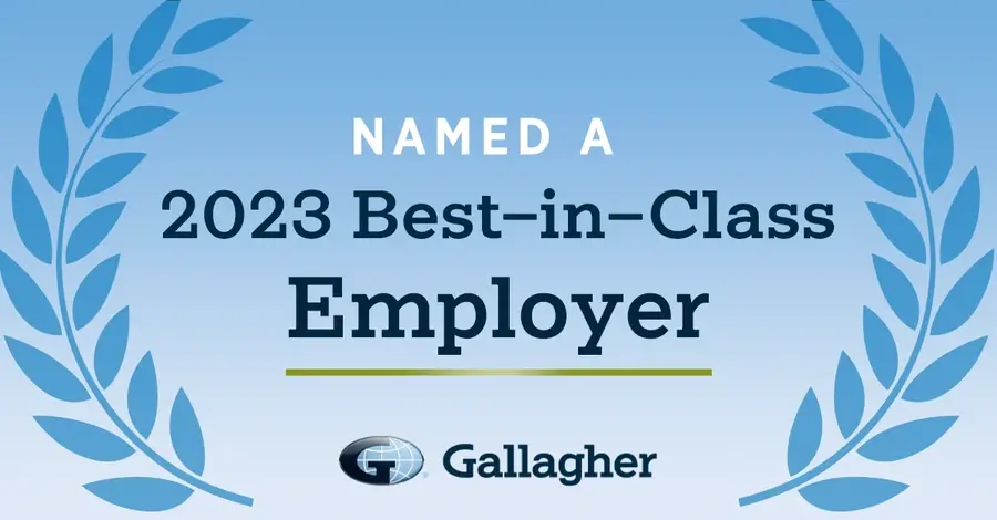 Graphic with blue laurel leaves stating "Named a 2023 Best-in-Class Employer" with the Gallagher logo at the bottom.