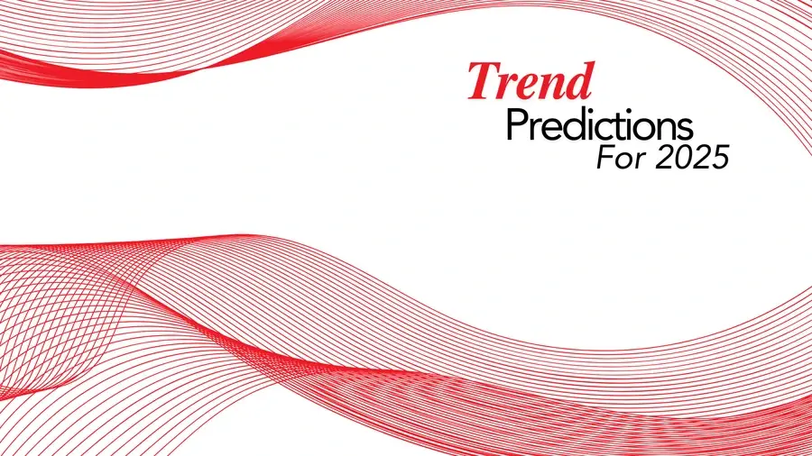 Red abstract wave lines on a white background with the text “Trend Predictions For 2025” in black and red.