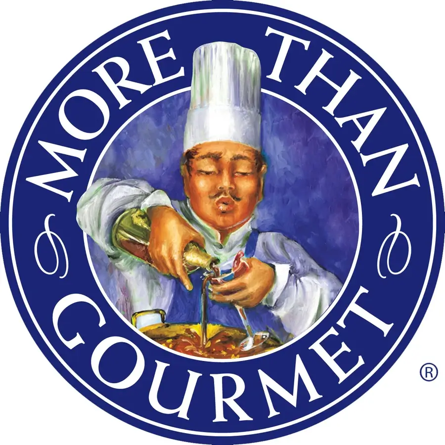 A chef in a white hat pours sauce onto food, framed by a blue circular border with the words "More Than Gourmet.