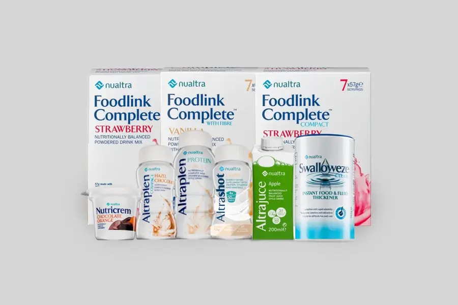 A selection of Nualtra nutritional supplements and powdered drink mixes, including Foodlink Complete, Altraplen, Altrashot, Altrapure, and Swalloweze, displayed against a plain background.